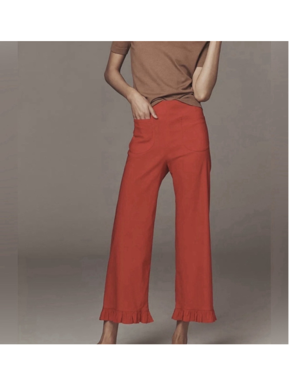 Anthro Maeve The Colette Crop Wide Leg Pant Linen Ruffle Hem 26 TALL Red Coral